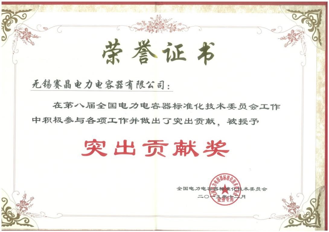 無(wú)錫賽晶榮獲全國(guó)電力電容器標(biāo)準(zhǔn)化技術(shù)委員會(huì)突出貢獻(xiàn)獎(jiǎng)